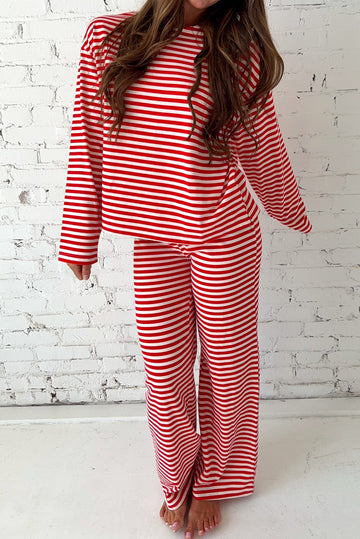 Red Stripe Drop Shoulder Long Sleeve Top Lounge Pants 2pcs Set - eAura