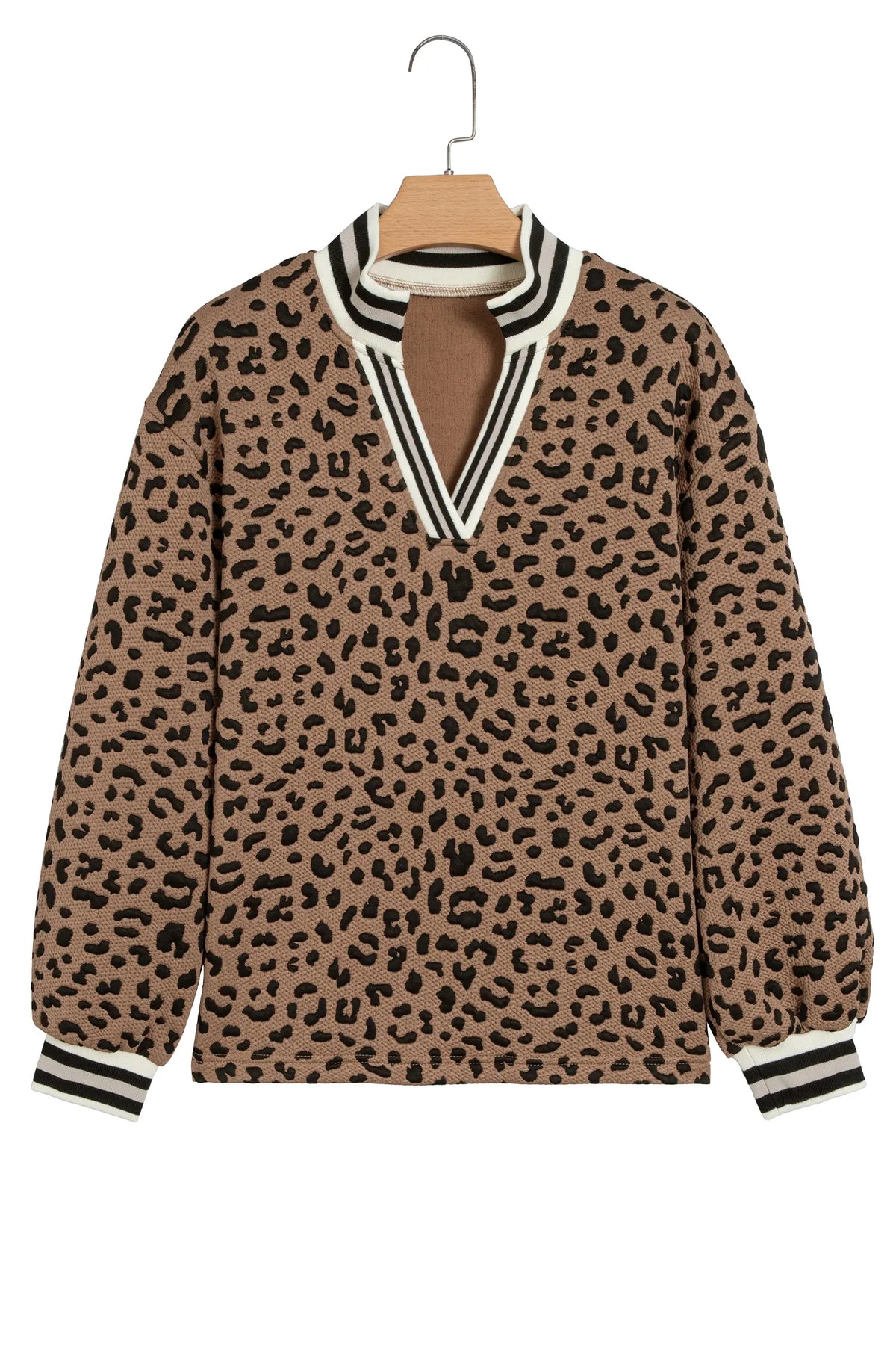 Leopard Print Striped Trim Collar Long Sleeve Shift Pullover – Brown