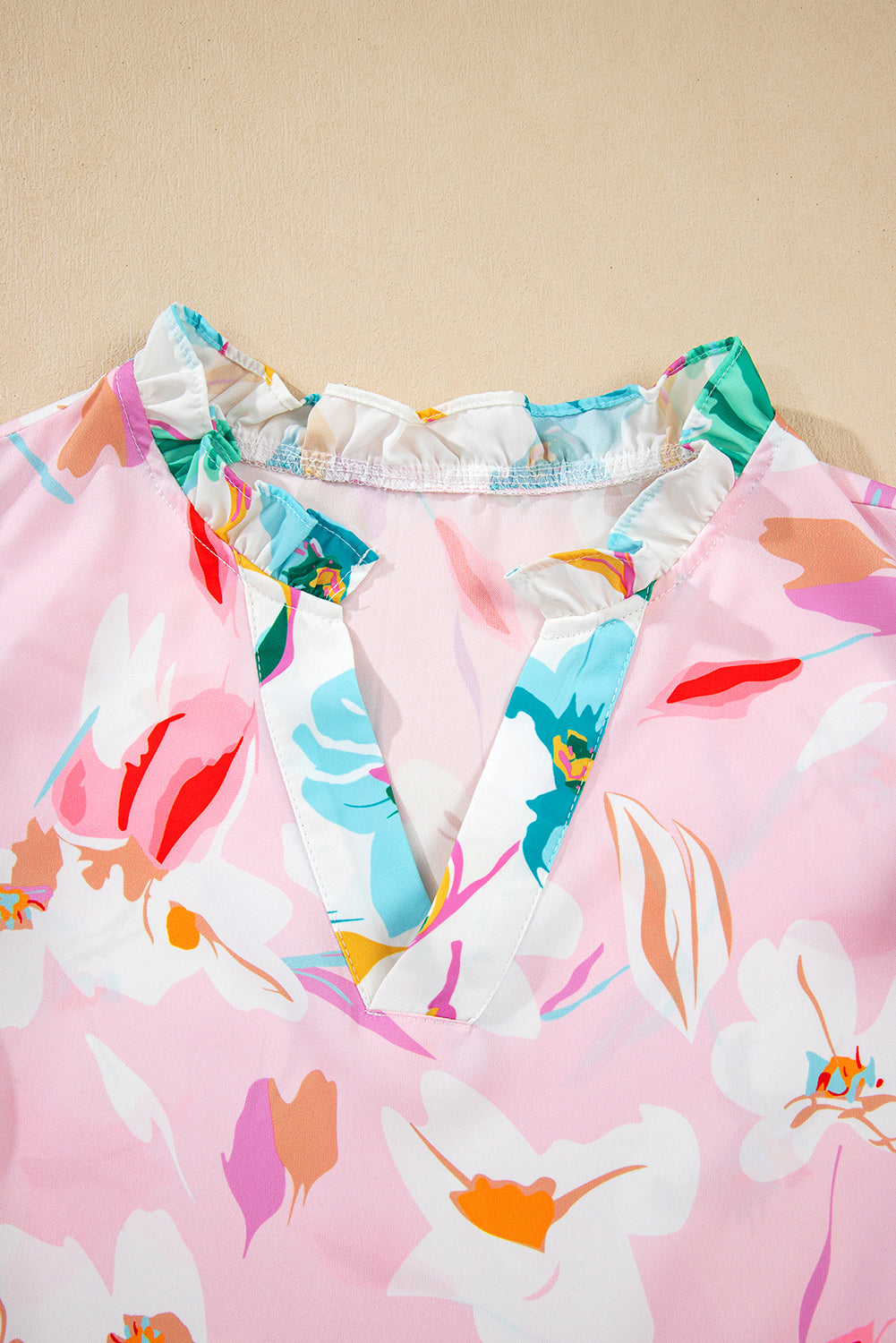 Multicolour Contrast Floral Patchwork Notched Neck Flutter Sleeve Blouse eAura