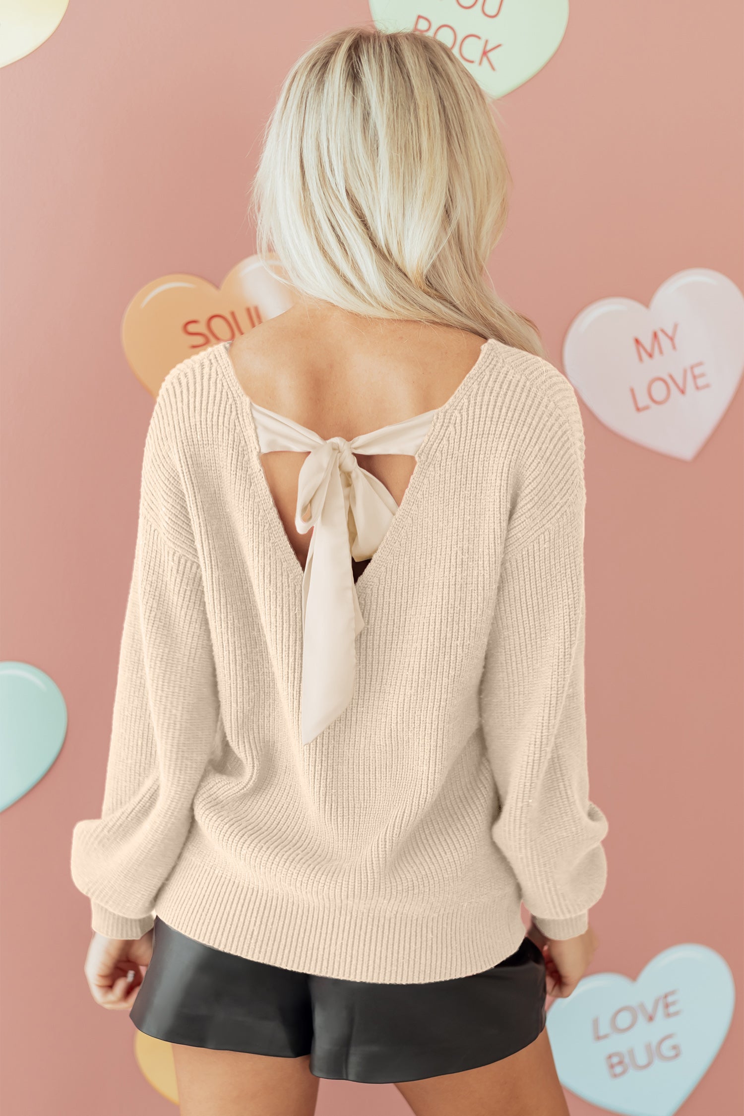 Rib Knit Ribbon Knot Backless Drop Shoulder Sweater - eAura