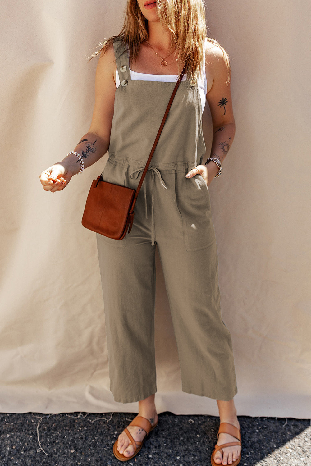 Sage Green Drawstring Buttoned Straps Cropped Overall BB Fashion Outlet