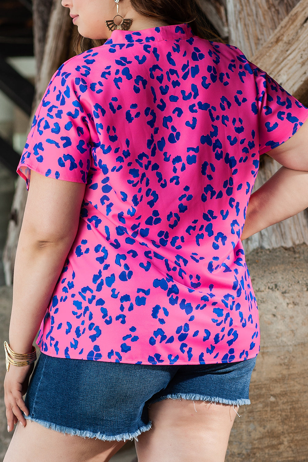 Rose Contrast Leopard Print Plus Size V Neck Blouse BB Fashion Outlet