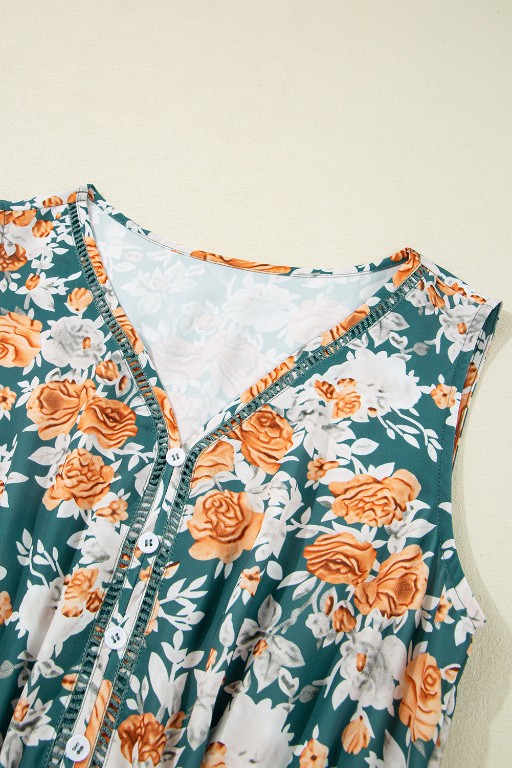 Green Floral Print Trimmed V Neck Tie Waist Sleeveless Holiday Long Dress - eAura