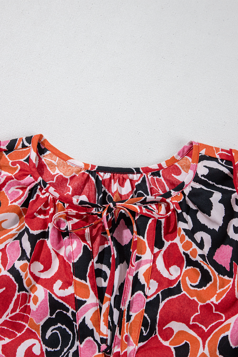 Red Ethnic Print Split Neck Short Puff Sleeve Blouse eAura