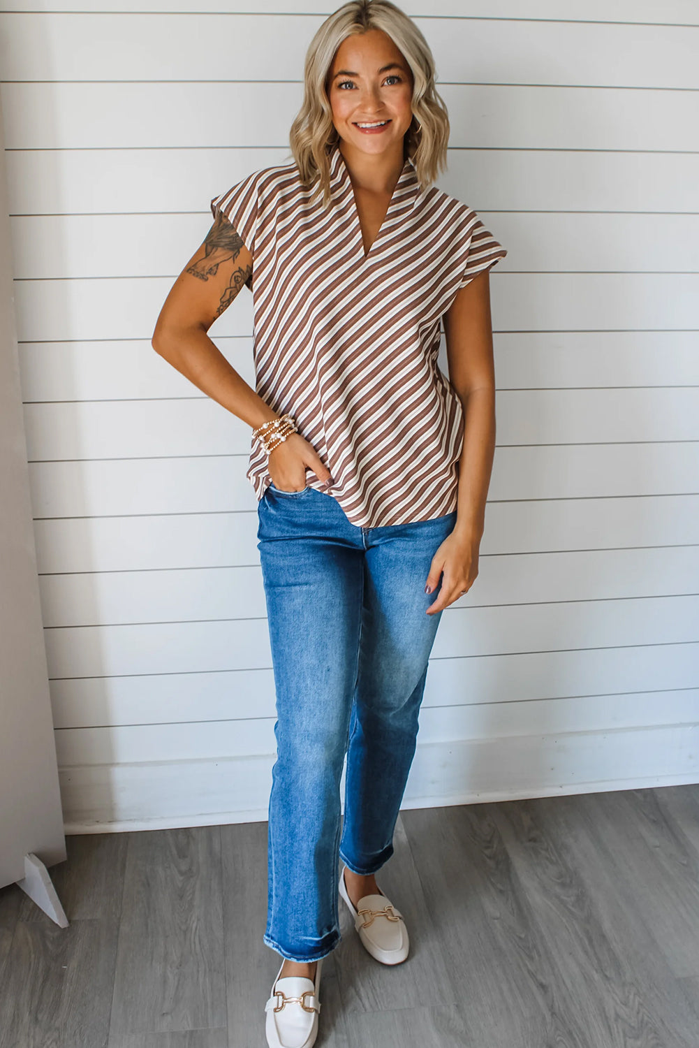 Chestnut Striped Stand V Neck Short Sleeve Blouse eAura