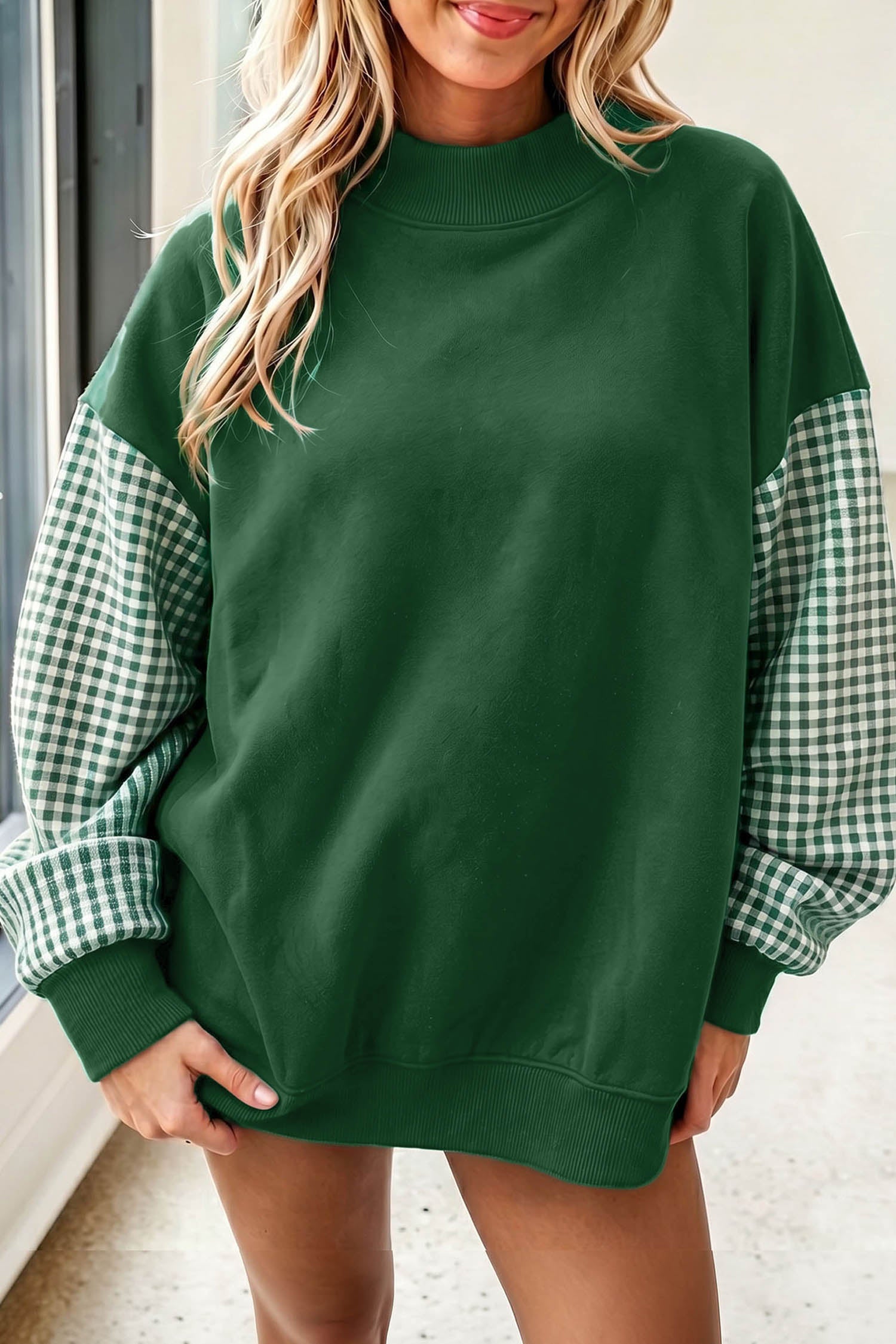 Plaid Sleeve Colorblock Loose Tunic Sweatshirt – Evergreen