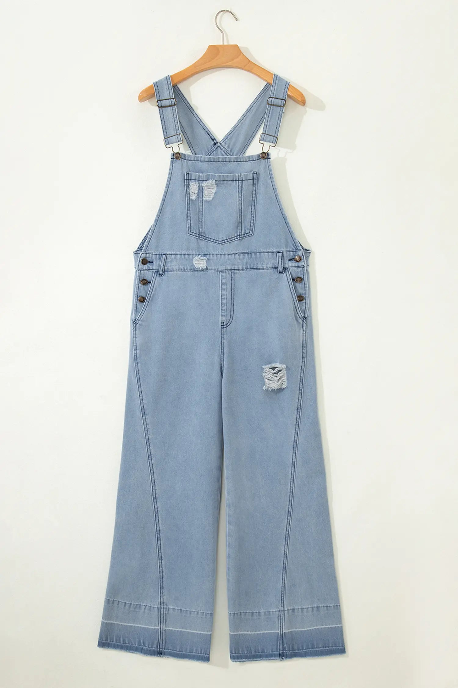 Mist Blue Retro Distressed Button Adjustable Straps Denim Overall Jumpsuit