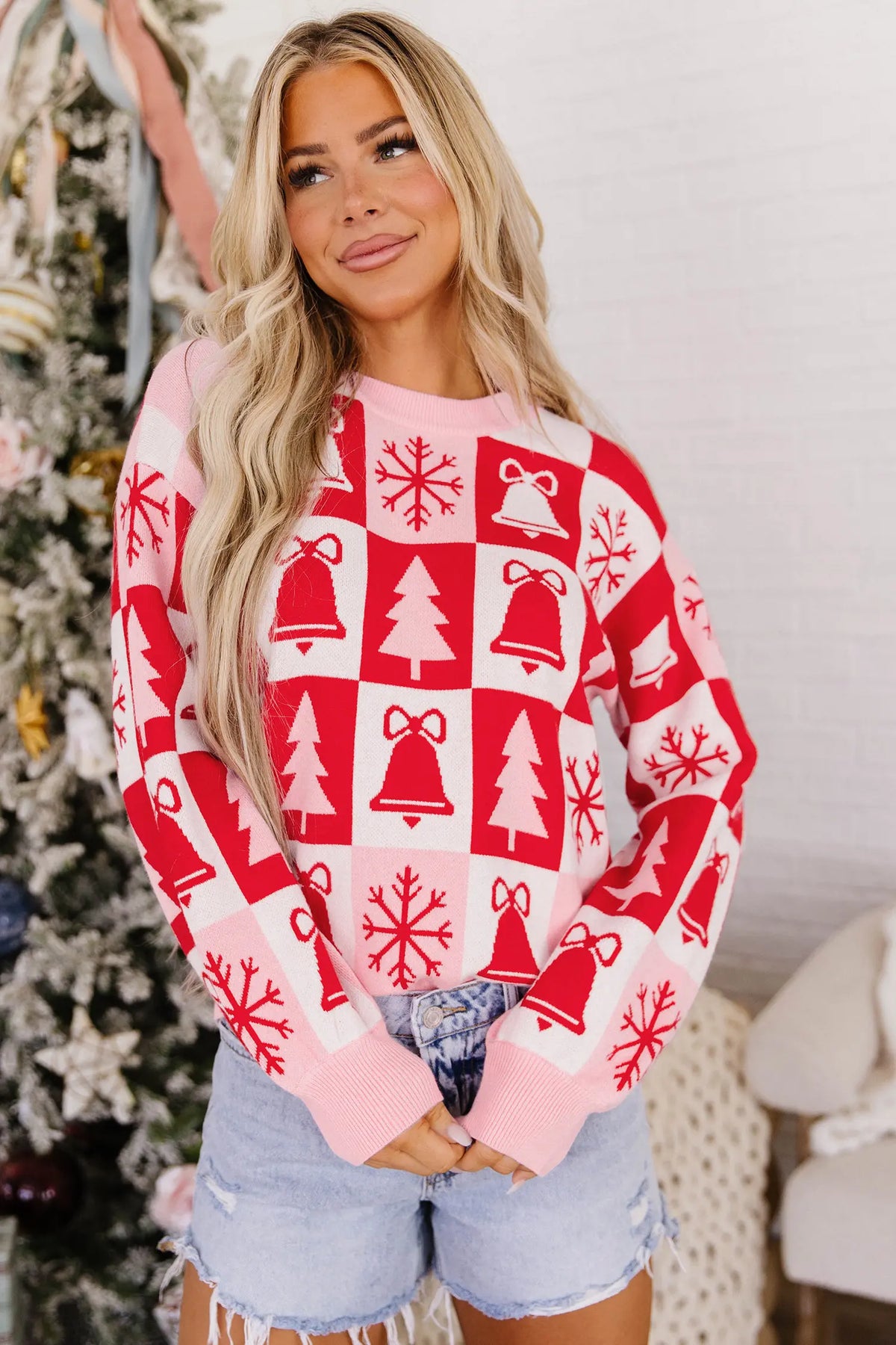 Pullover Christmas Plaid Round Neck Long Sleeve Tunic Sweater