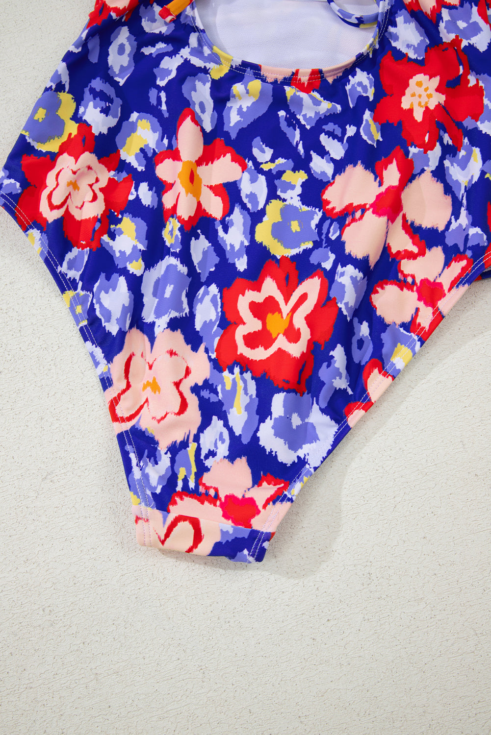 Blue Floral Ruffle Trim V Neck Lace-up Back Tummy Control One Piece Swimsuit eAura