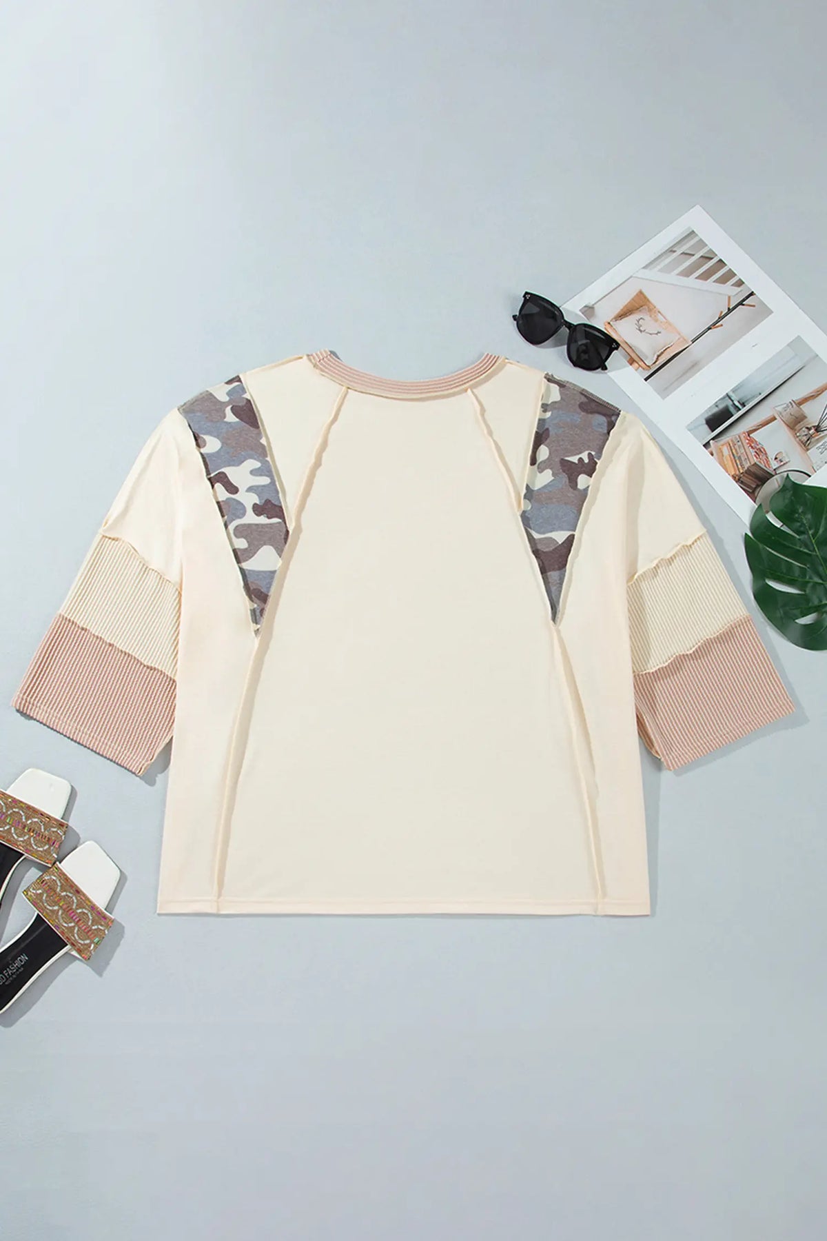 Apricot Camouflage Panel Twist Rib Sleeve Round Neck Loose Fit Plus Size Blouse – Beige