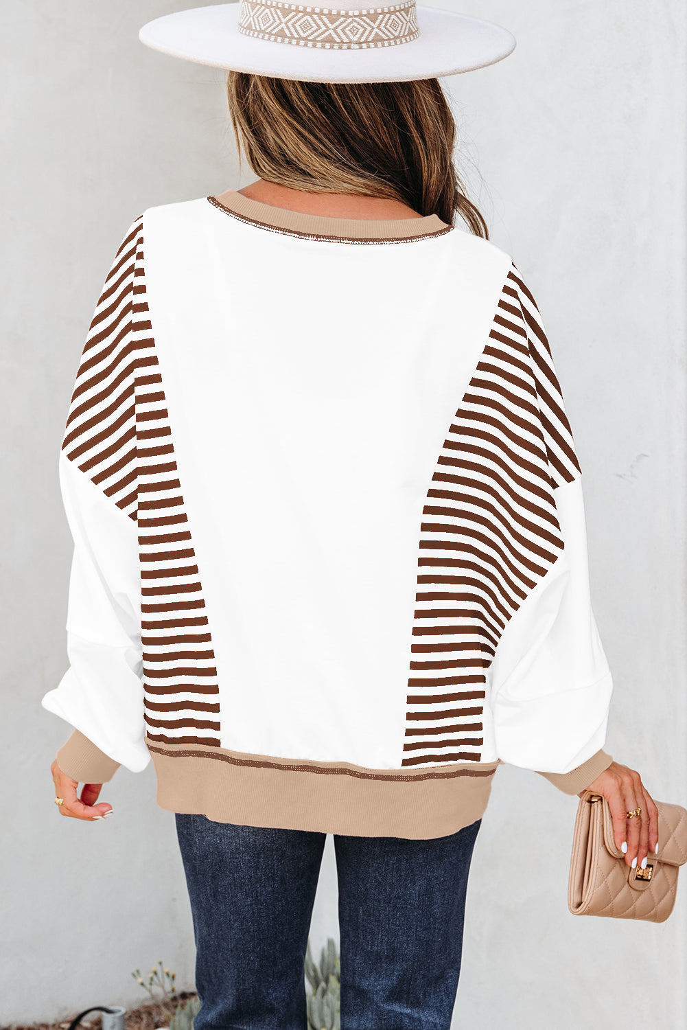 Striped Contrast Stitching Oversized Sweatshirt - eAura