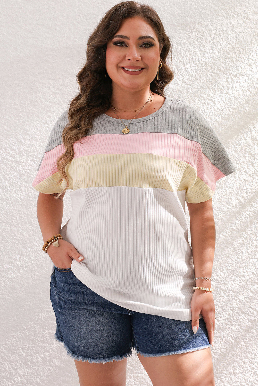 White Colourblock Patchwork Batwing Sleeve Ribbed Plus T Shirt BB Fashion Outlet