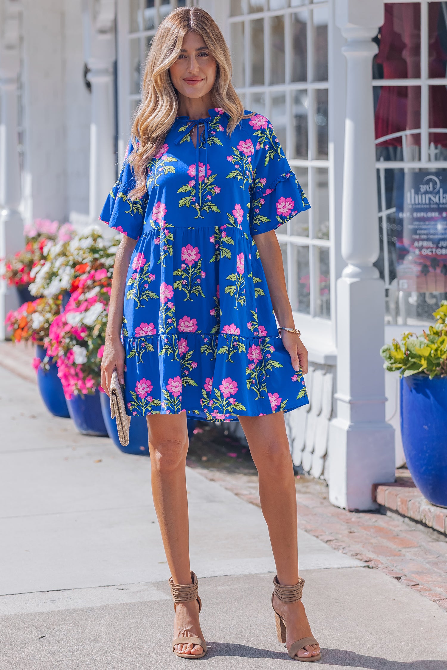 Floral Print V-Neck Ruffle Sleeve Loose Mini Dress