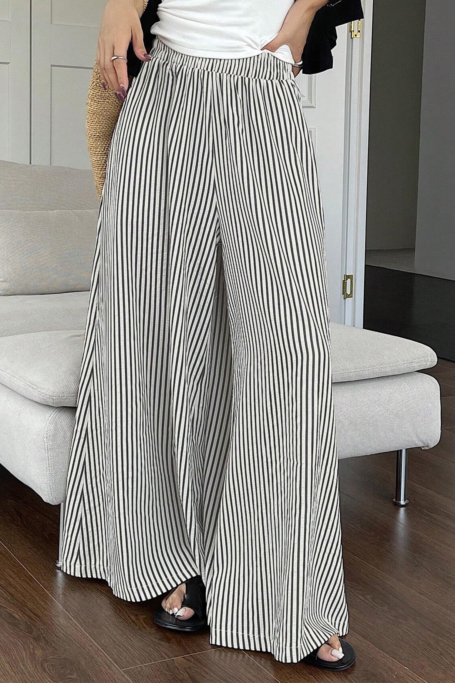 Black Stripe Ultra Wide Leg Trousers – Elastic Waist