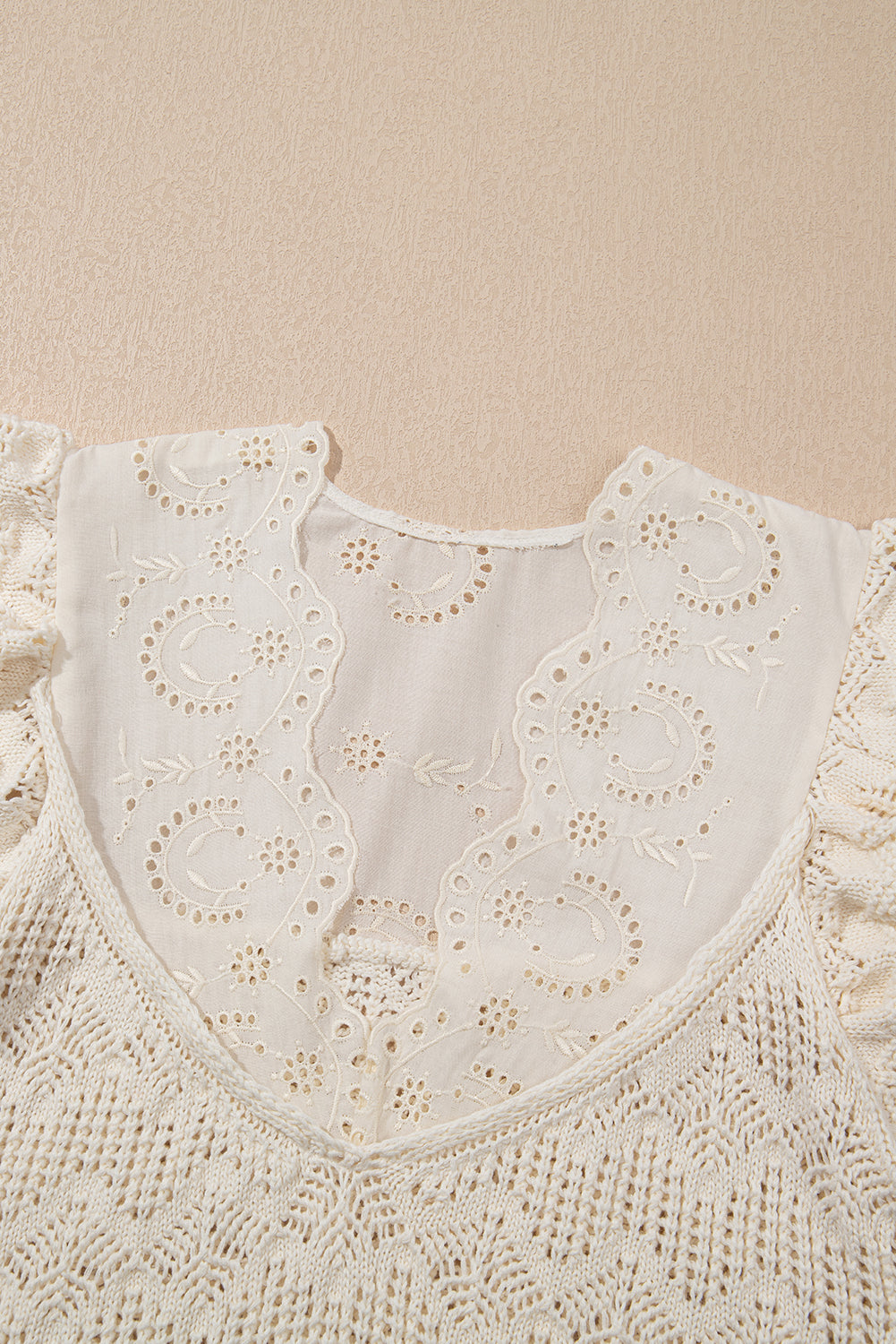 Beige Embroidered Patchwork Hollow Out Knitted Ruffle Top eAura