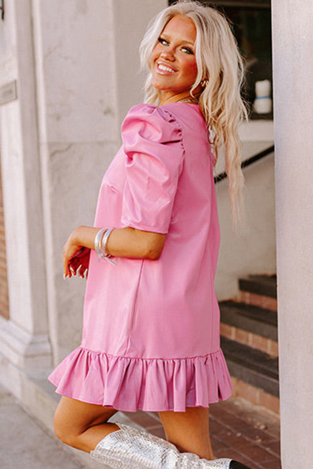 Sachet Pink Pleather Bubble Short Sleeve V Neck Ruffled Hem Mini Dress eAura