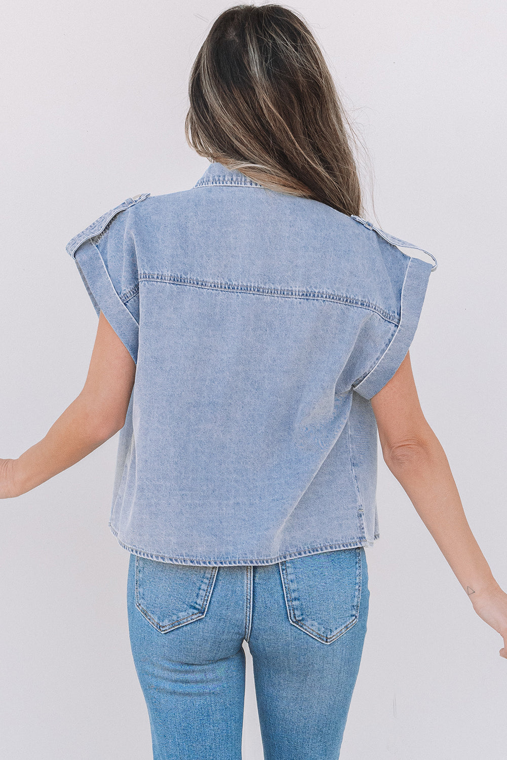 Dusk Blue Denim Pinup Folded Cap Sleeve Shirt eAura