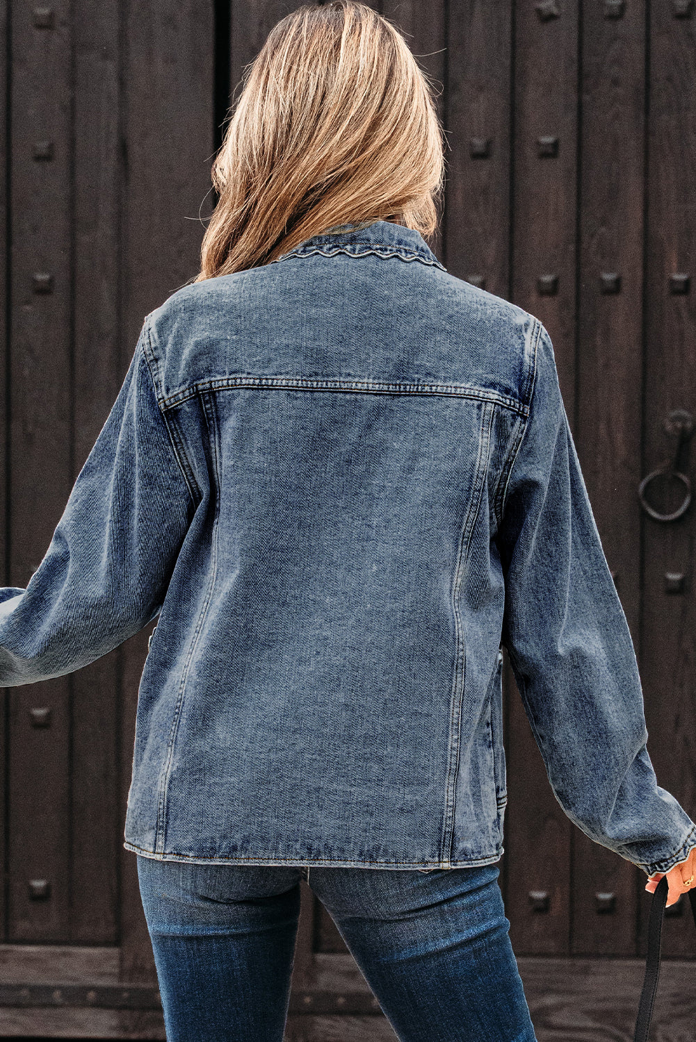 Scallop Trim Collar Patched Pocket Button Up Denim Jacket eAura