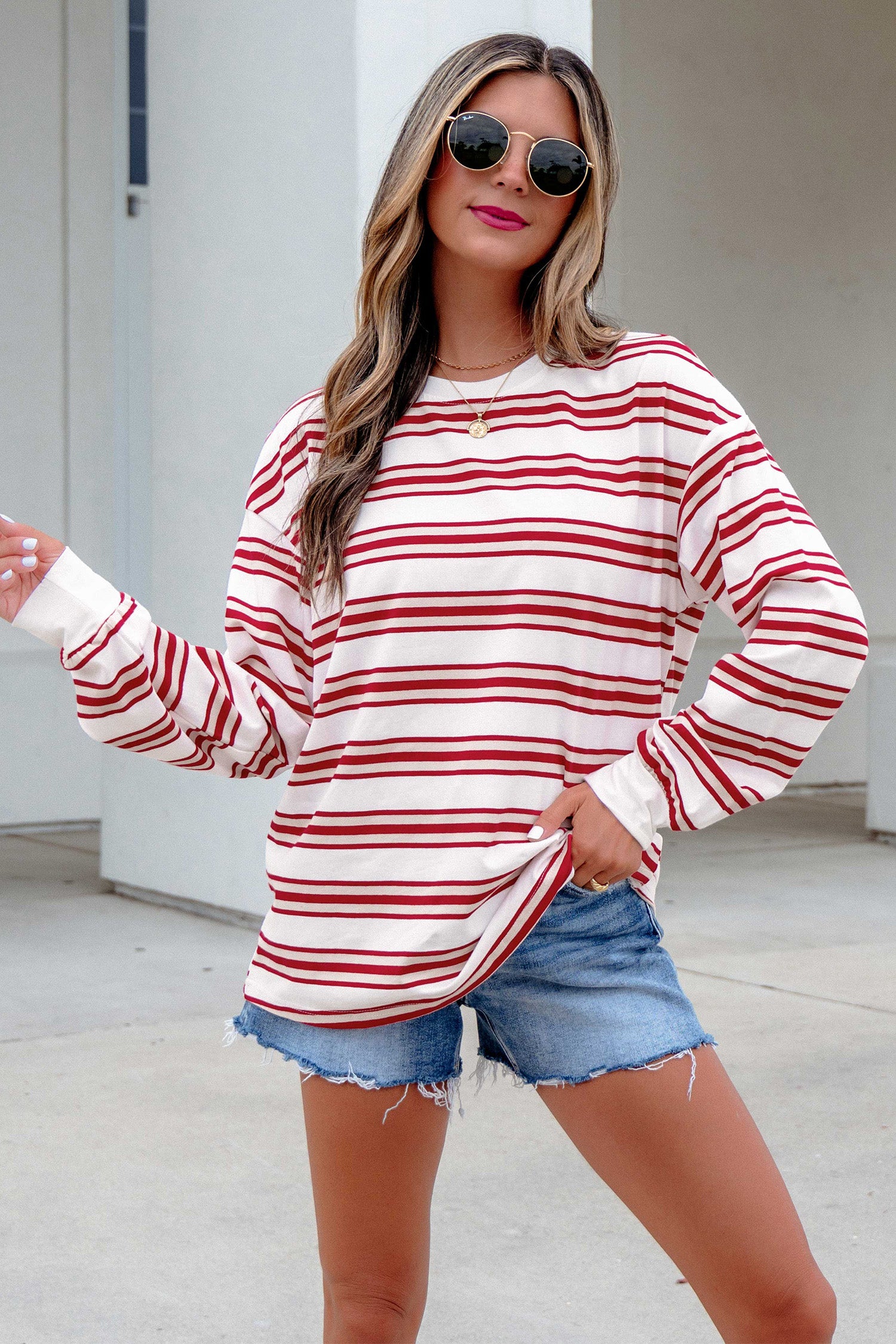 Dropped Shoulder Long Sleeve Casual Pullover Top – Red Stripe
