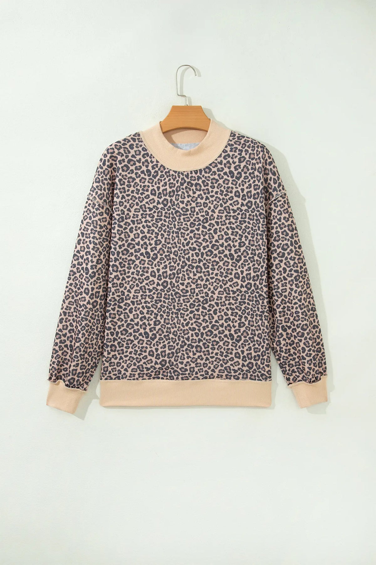 Leopard Print High Neck Long Sleeve Ribbed Cuffs Hem Sweatshirt – Multicolour