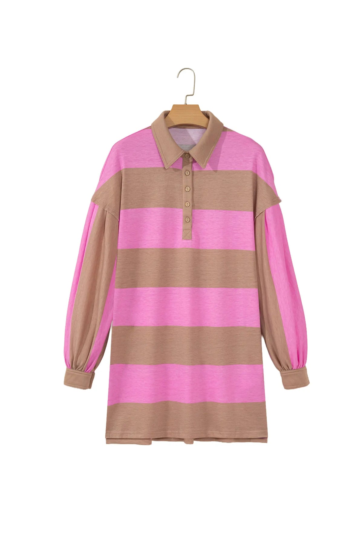 Striped Button Long Sleeve Short Shift Dress – Rose Stripe