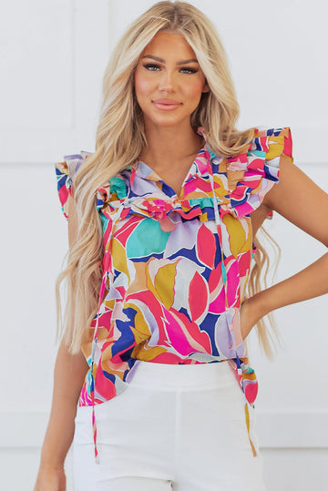 Pink Abstract Printed Ruffled Flutter Sleeve Tied Split V Neck Blouse eAura