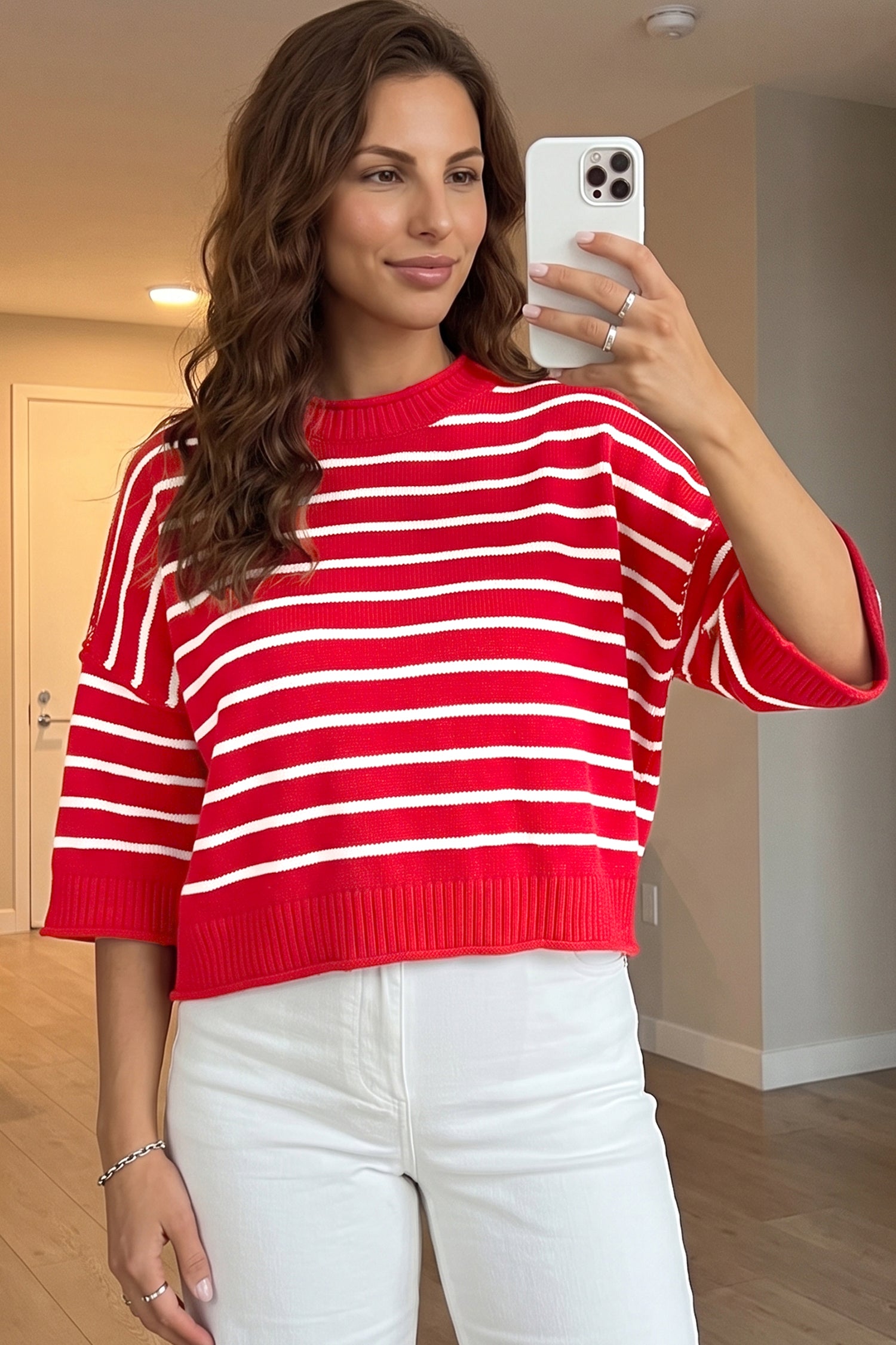 Dropped Shoulder Half Sleeve Relaxed Knit Sweater – Red Stripe