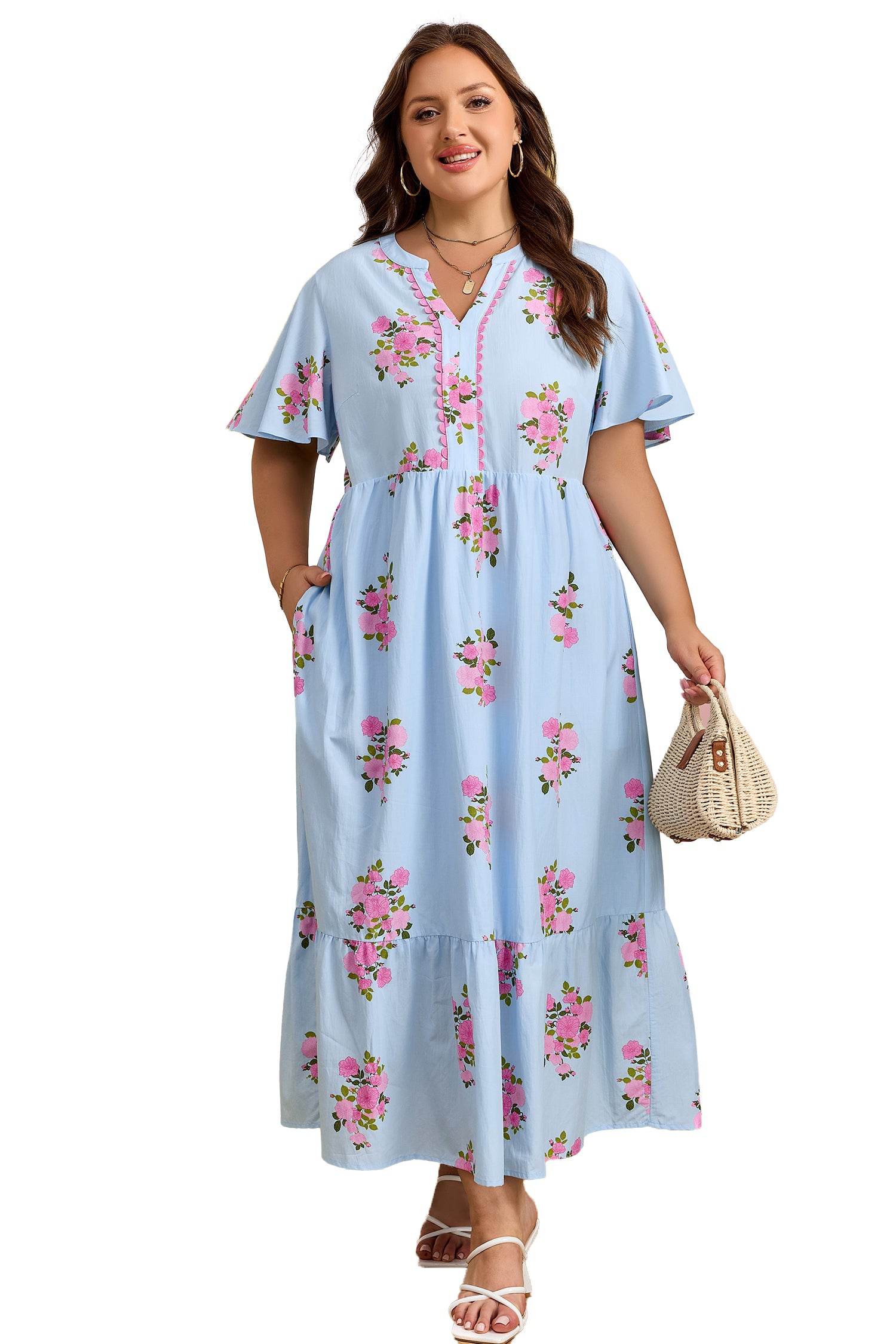 Sky Blue Plus Size Floral Print Scalloped Trim V-Neck Dress – Light Blue