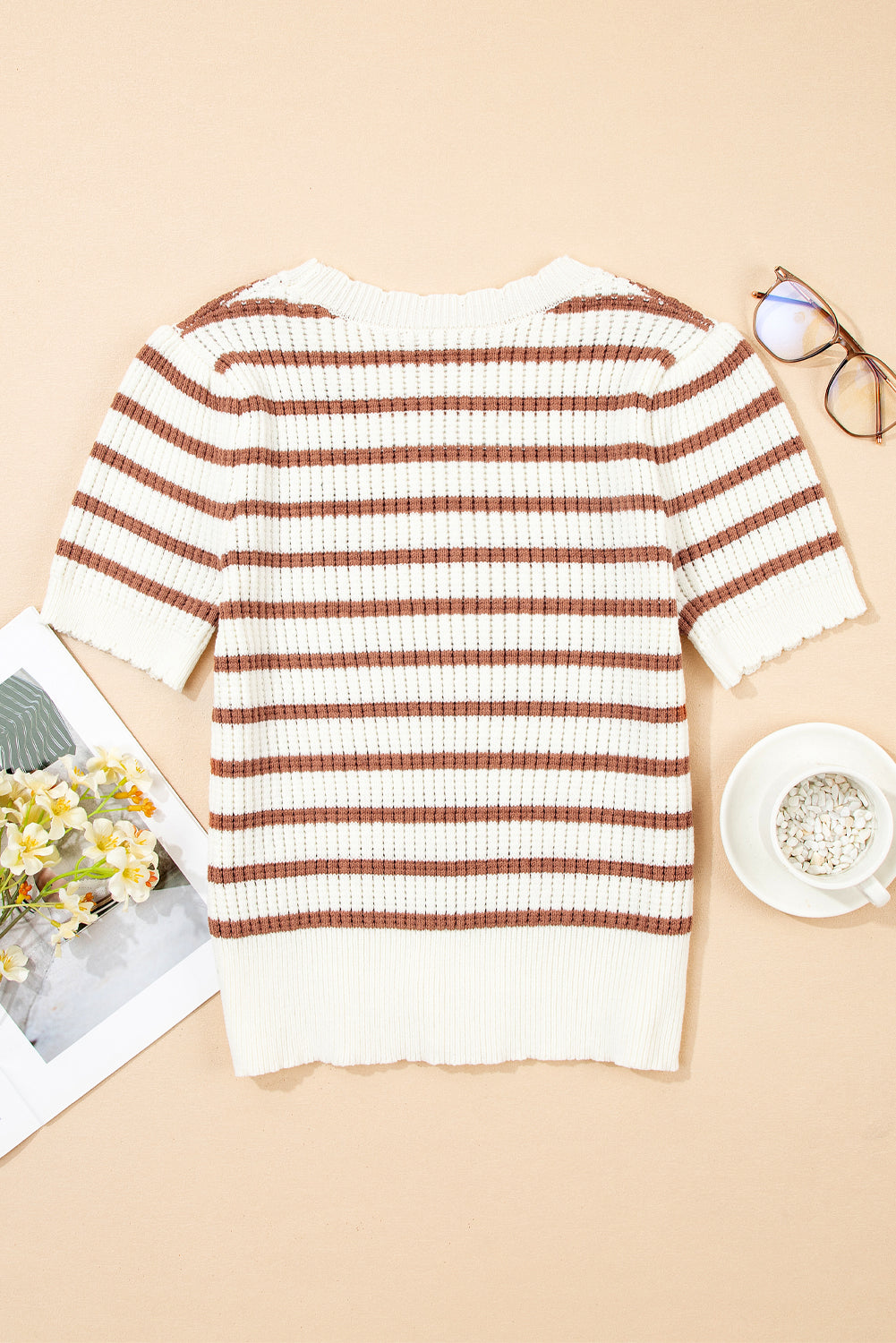 Khaki Stripe Scalloped Round Neck Short Sleeve Sweater eAura
