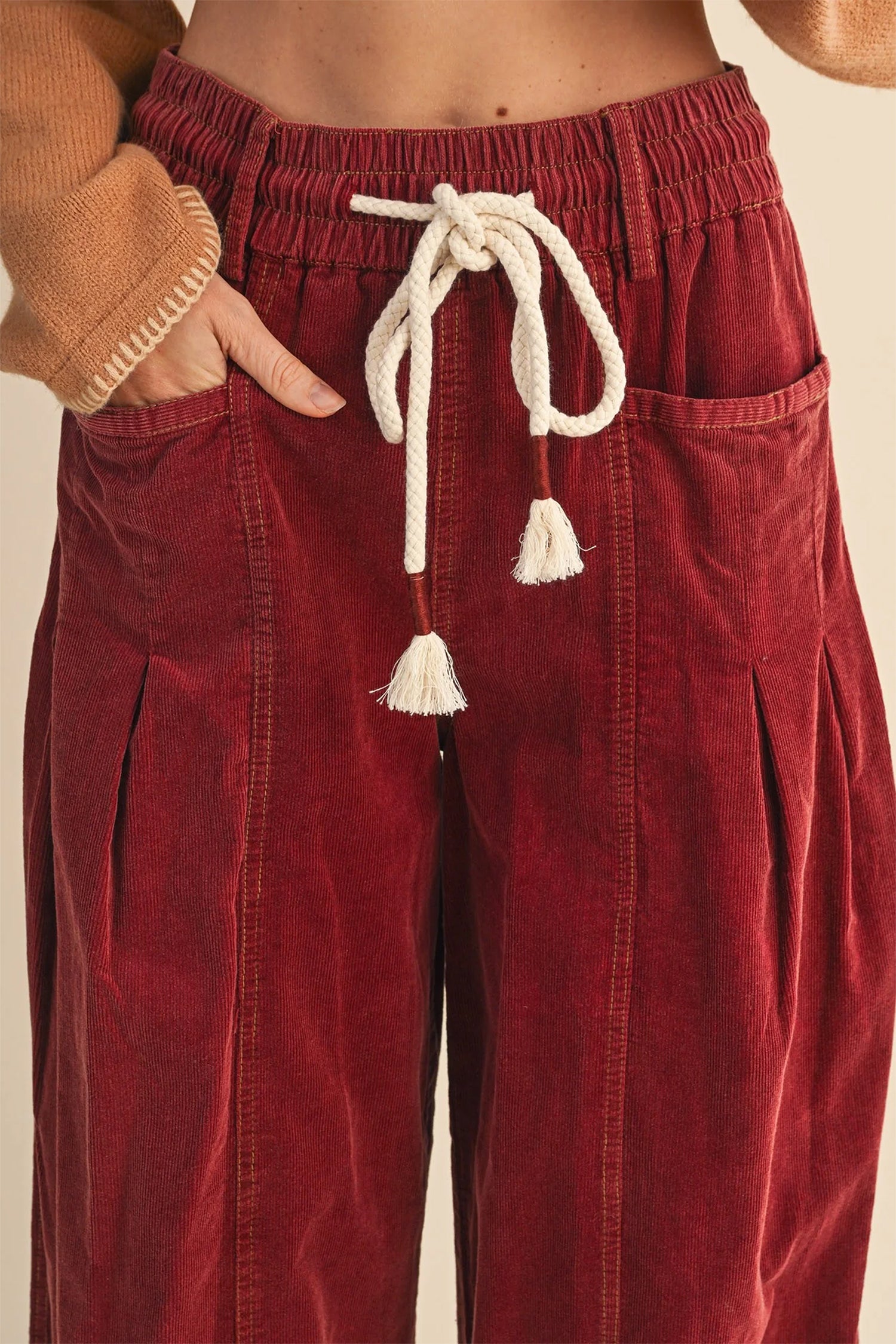 Elastic Waist Drawstring Corduroy Casual Pants – Racing Red