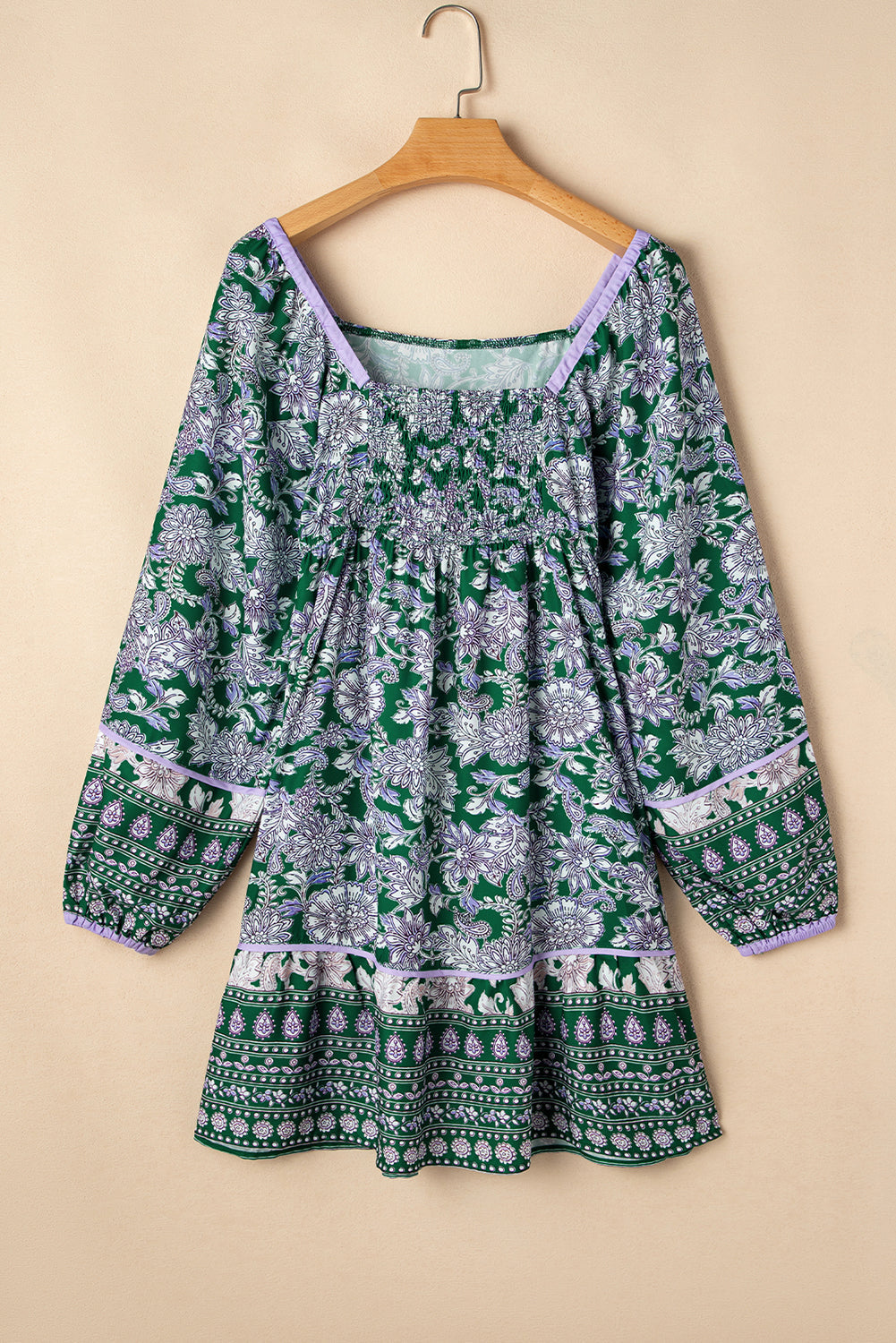 Green Floral Print Piping Trim Bubble Sleeve Square Neck Dress BB Fashion Outlet