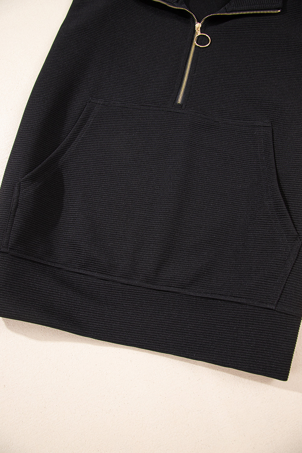 Black Textured Quarter Zip Kangaroo Pocket Top Drawstring Shorts Set eAura
