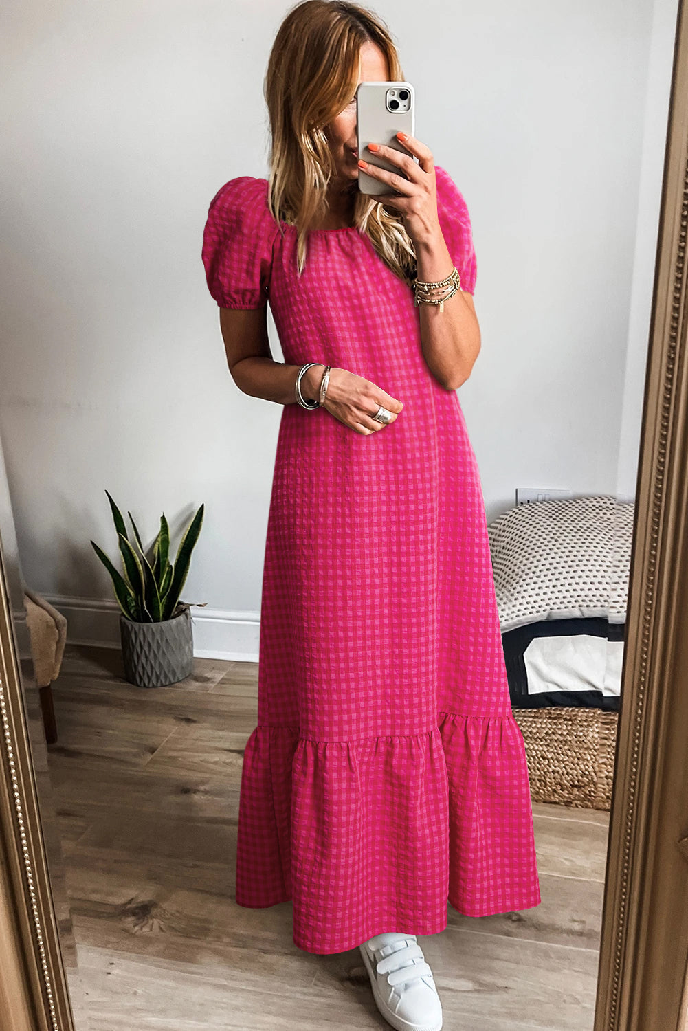 Rose Ginham Check Bubble Sleeve Ruffled Maxi Dress - eAura