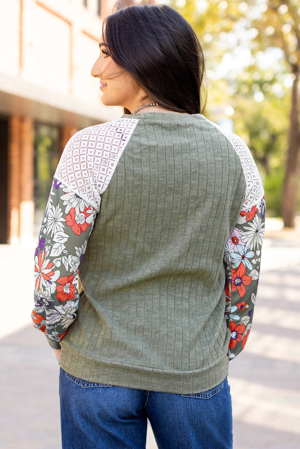 Laurel Green Floral Patchwork Long Sleeve Ribbed Blouse eAura