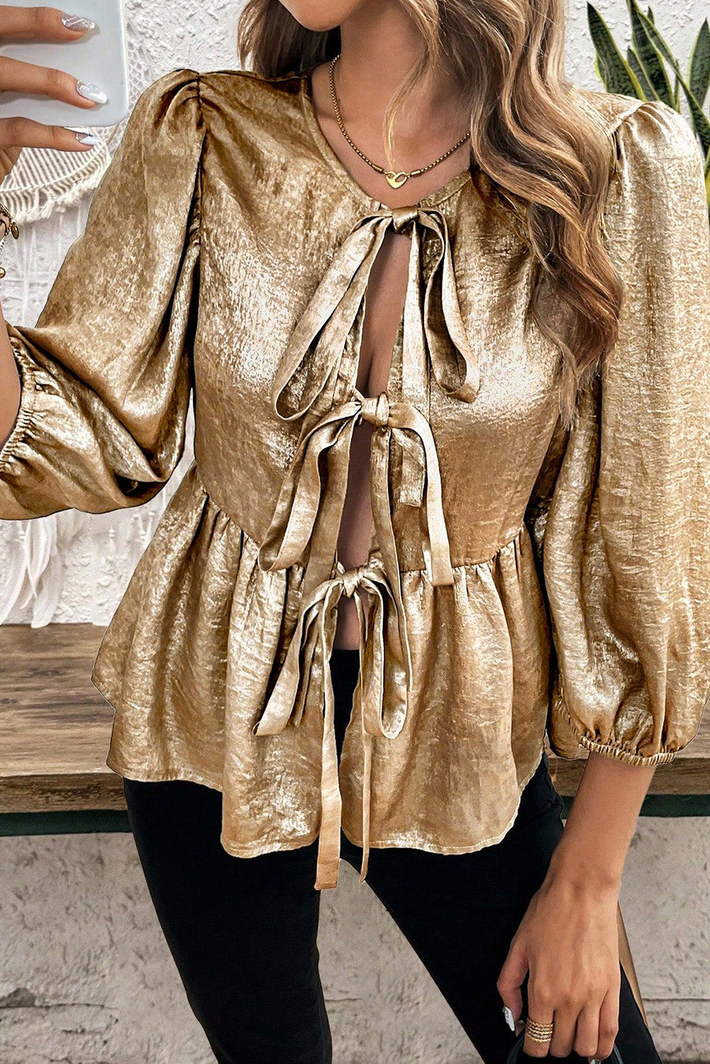 Gold Bow Tie Front Puff 3/4 Sleeve Ruffle Hem Blouse - eAura