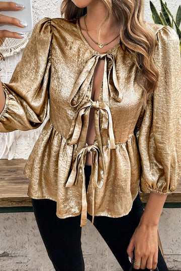 Gold Bow Tie Front Puff 3/4 Sleeve Ruffle Hem Blouse - eAura