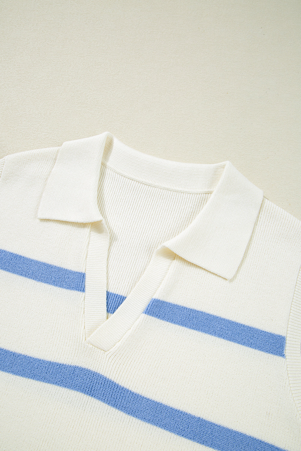 Blue Stripe Split V Neck Collared Ribbed Sleeveless Sweater eAura