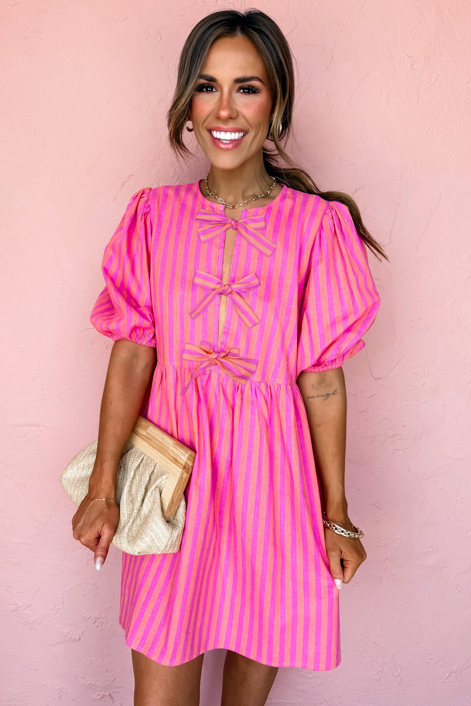 Striped Print Bow Detail Short Puff Sleeve Mini Dress