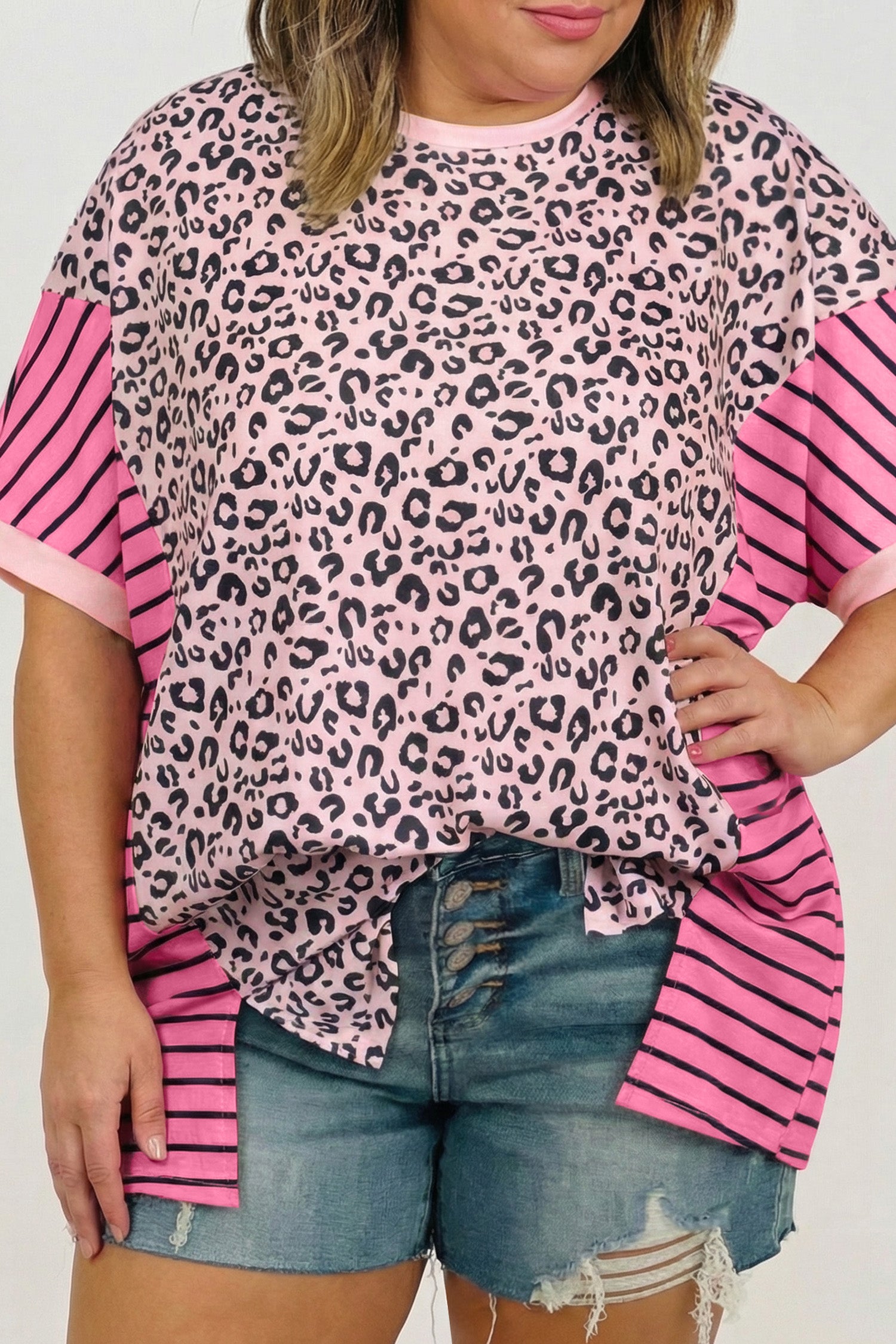 Plus Size Leopard Striped Contrast Patchwork Tee – Pink
