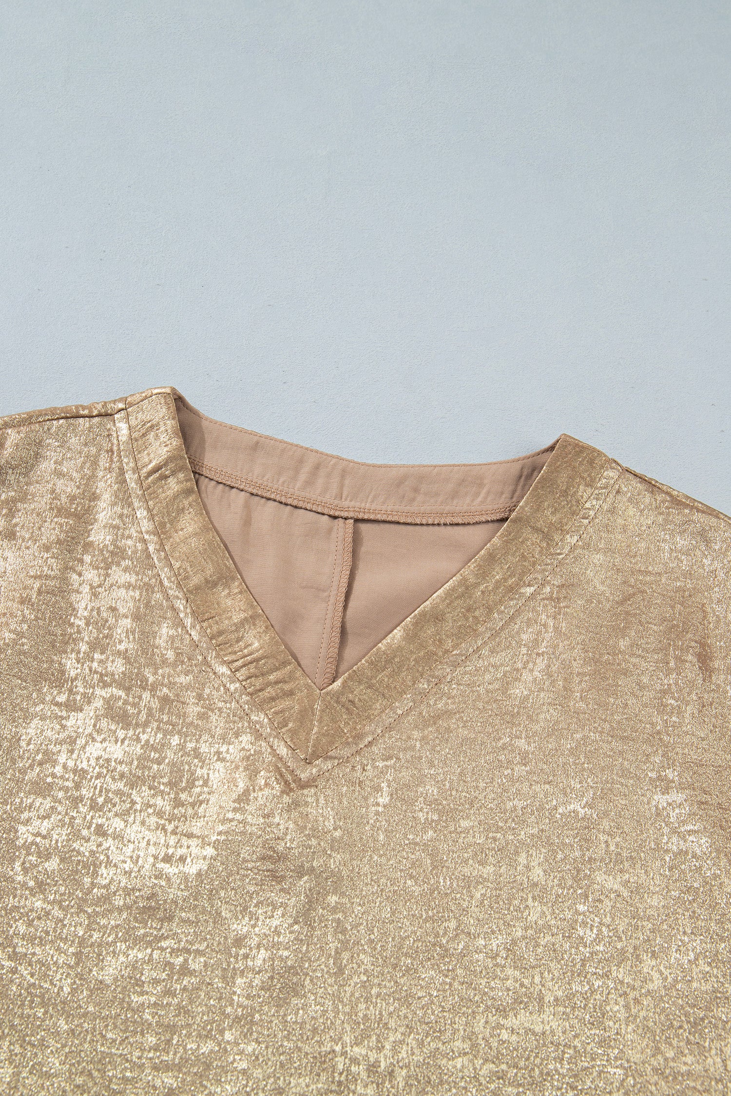 Parchment Metallic V Neck Button Cuffed Long Sleeve Dolman Blouse
