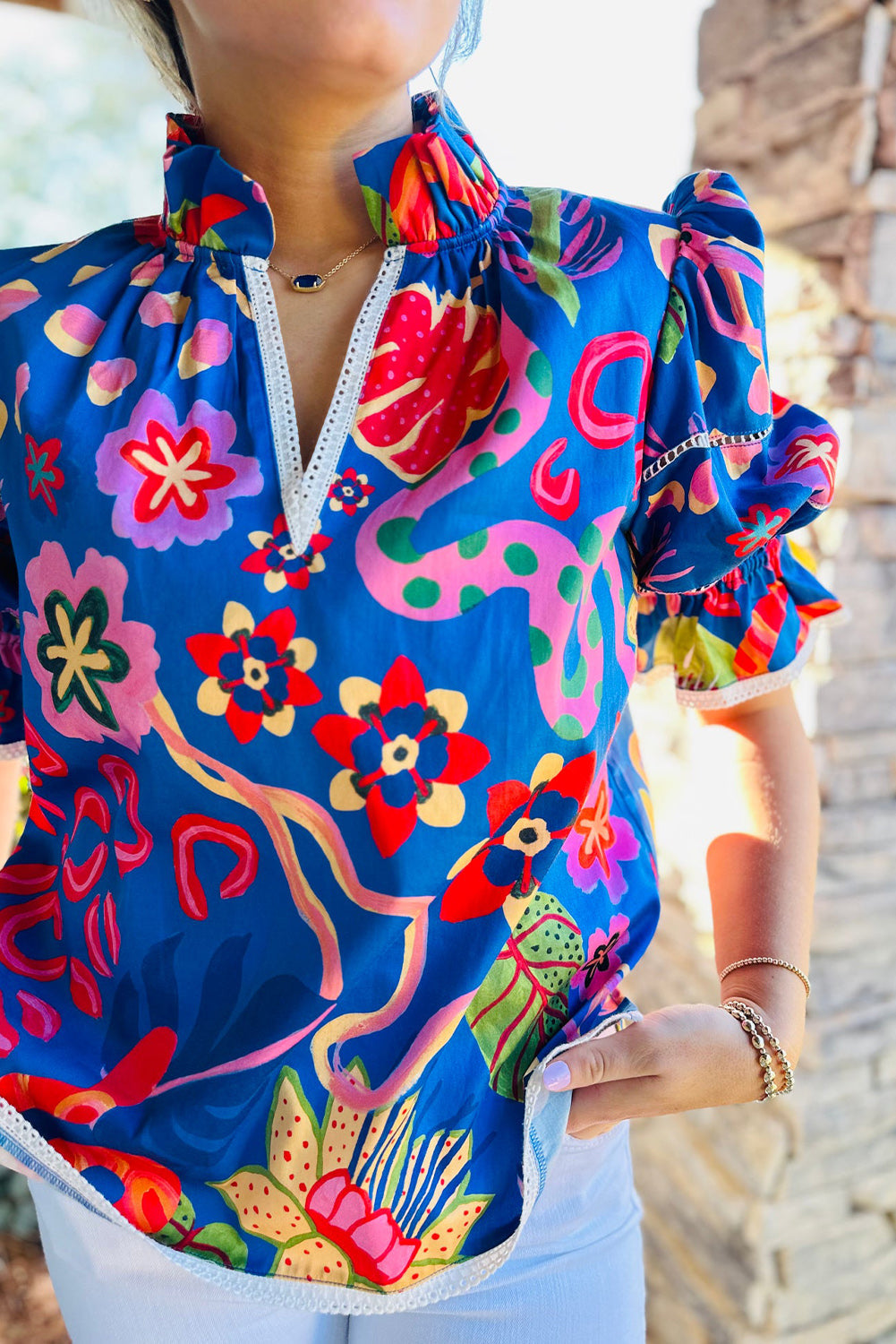 Blue Abstract Print Frilled Collar Ruffled Puff Short Sleeve Top eAura