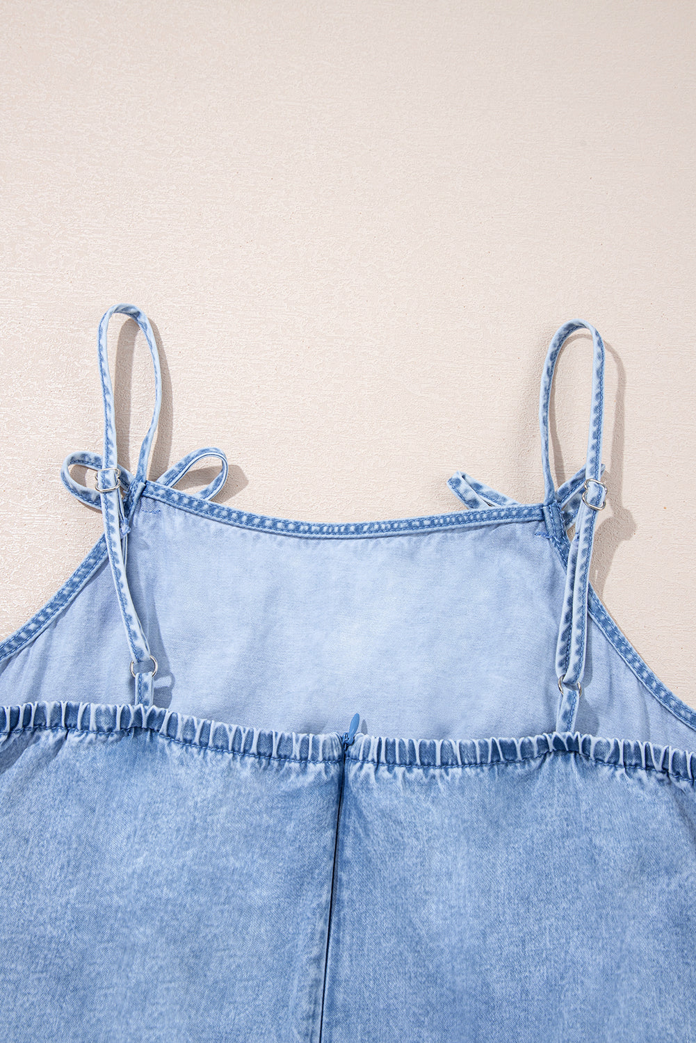 Beau Blue Bow Detail Spaghetti Straps Ruffle Hem Denim Short Dress eAura
