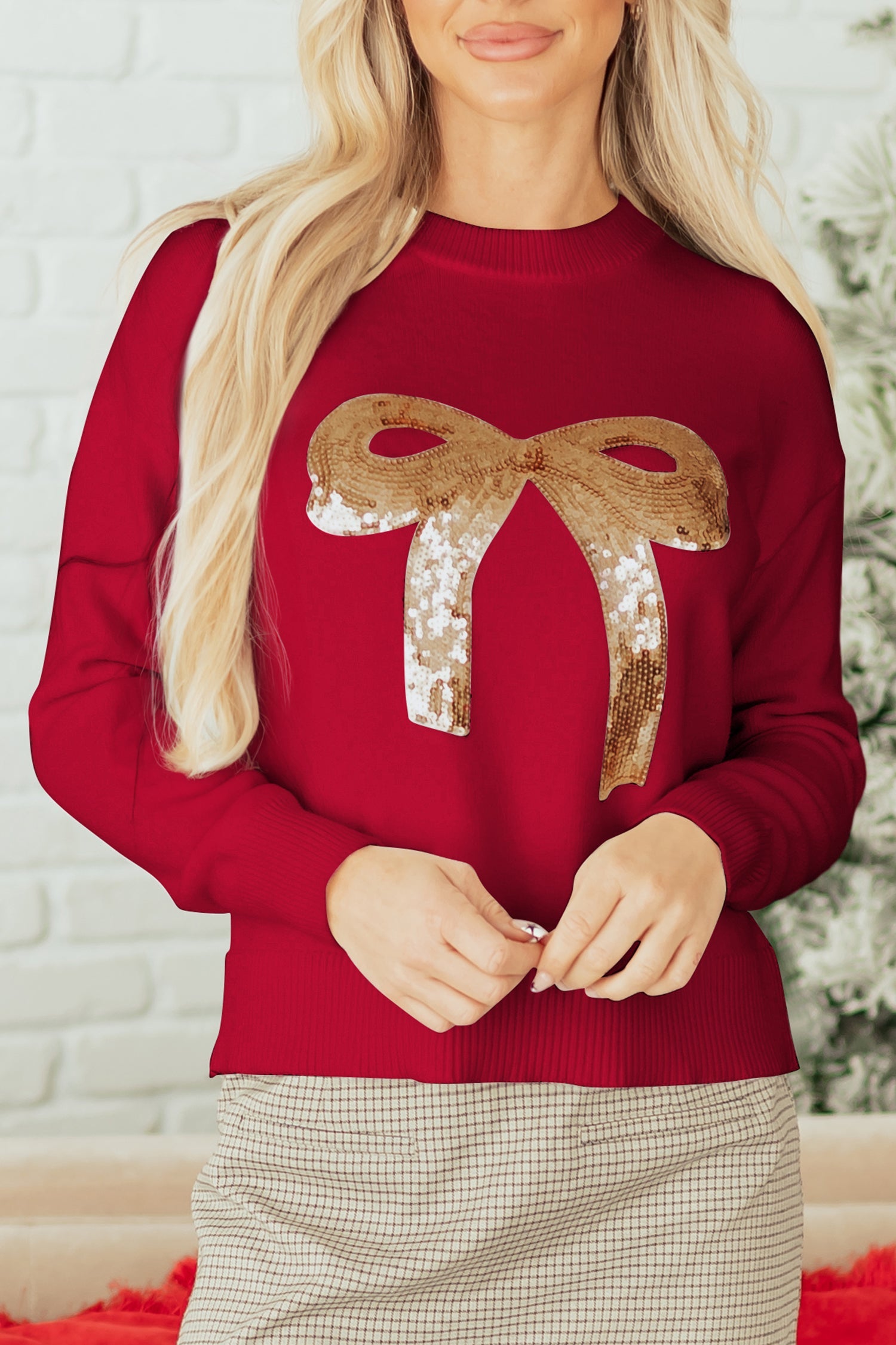 Sequinned Bow Graphic Christmas Holiday Sweater - Sweaters & Cardigans/Sweaters