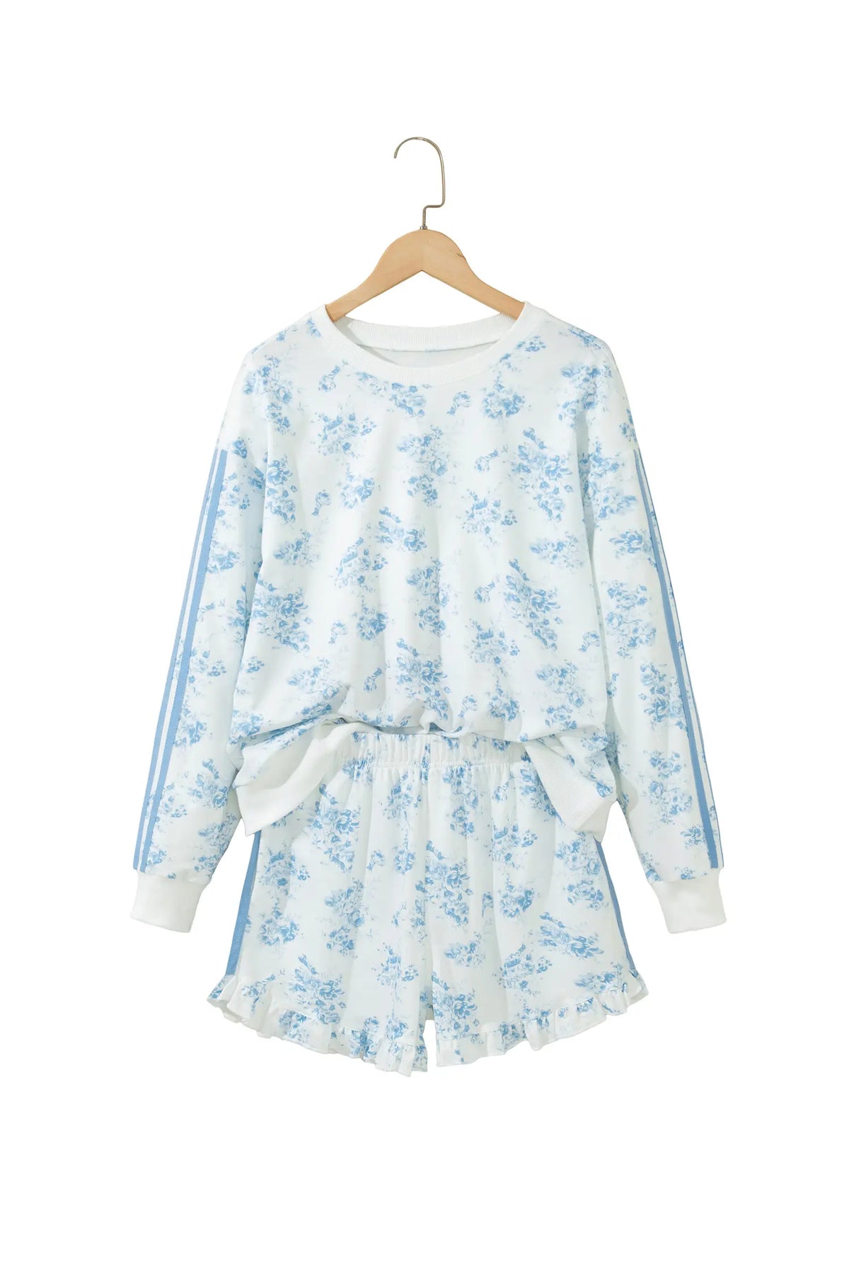 Sky Blue Floral Print Striped Detail Long Sleeve Top Ruffle Hem Shorts 2pcs Set – Light Blue