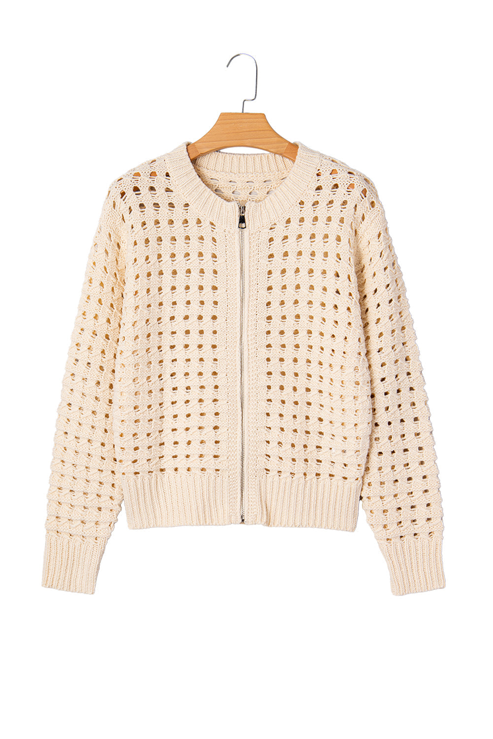 Beige Hollowed Knit Zip-Up Drop Shoulder Cardigan - eAura