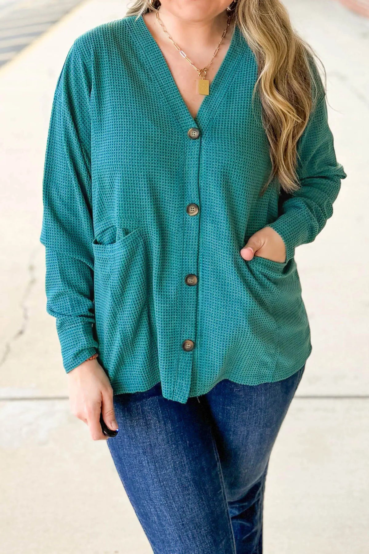 V Neck Waffle Textured Button Front Tunic Long Sleeve Plus Size Cardigan – Lapis