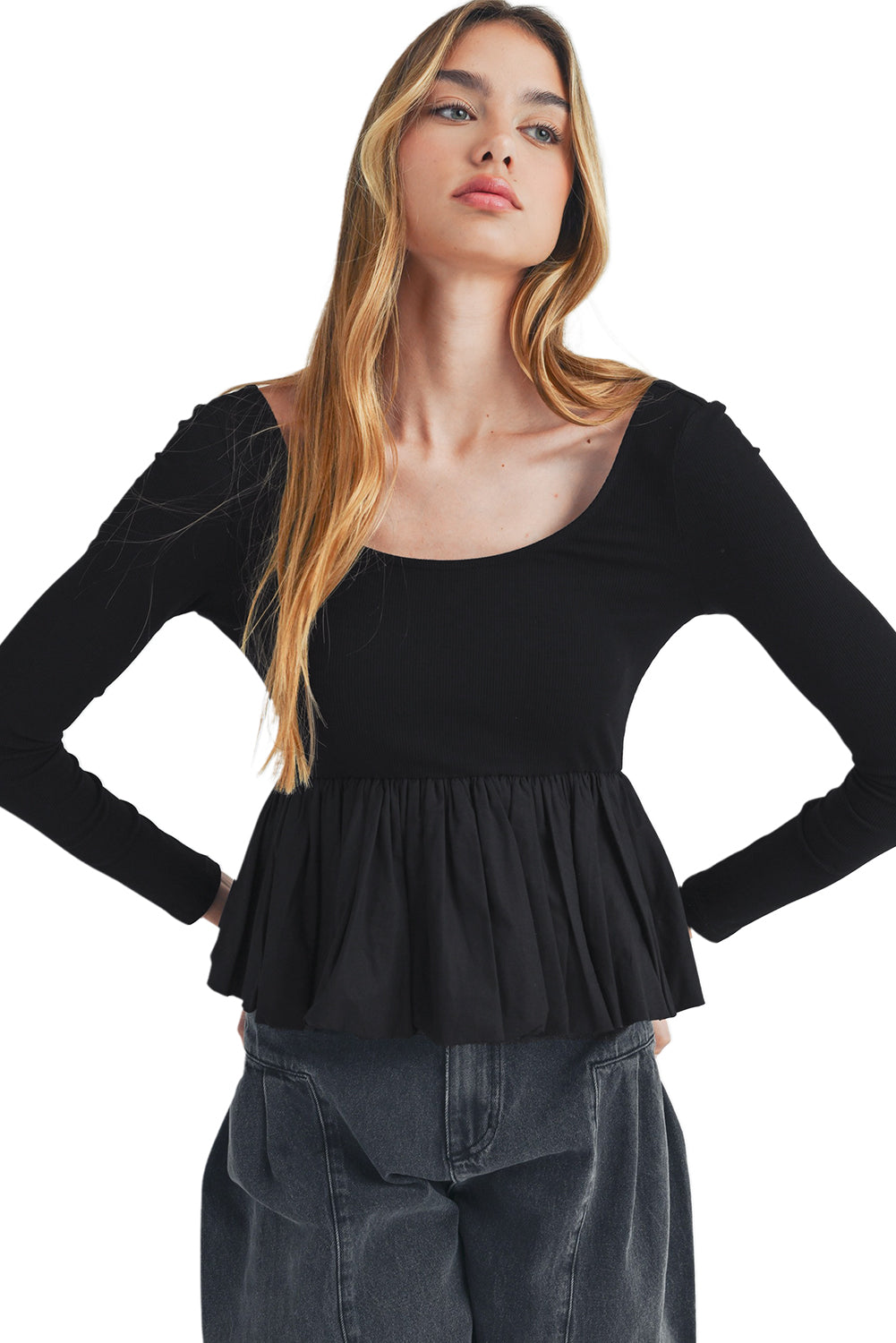 Black Ribbed Knit Long Sleeve Scoop Neck Peplum Patchwork Top BB Fashion Outlet