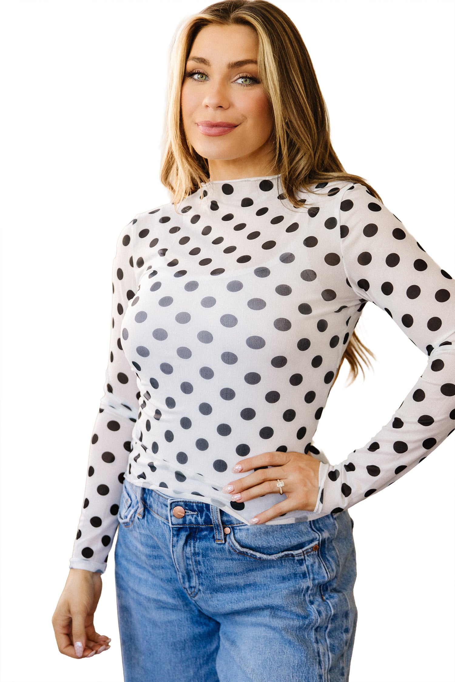 Polka Dot Mesh Long Sleeve Stand Neck Sheath Top – White