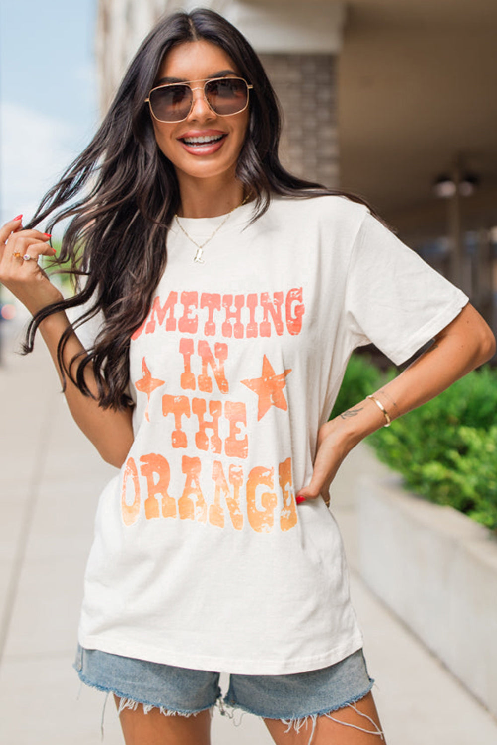 White SOMETHING IN THE ORANGE Graphic Crew Neck T Shirt eAura