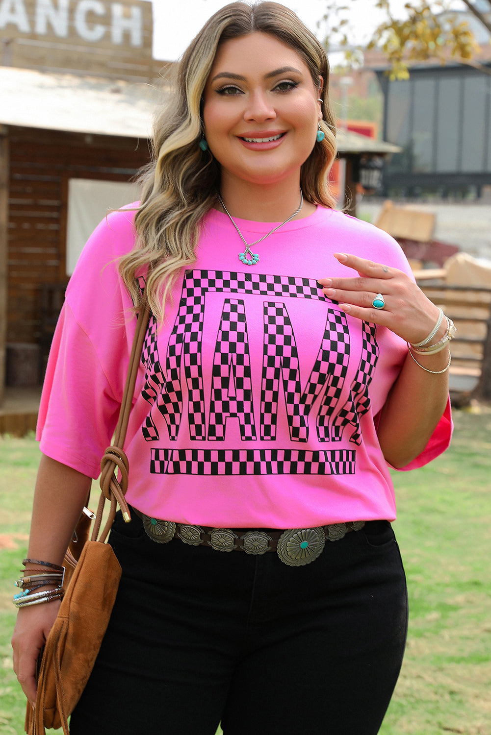 Bright Pink Checker MAMA Letter Printed Graphic Plus Size T Shirt BB Fashion Outlet